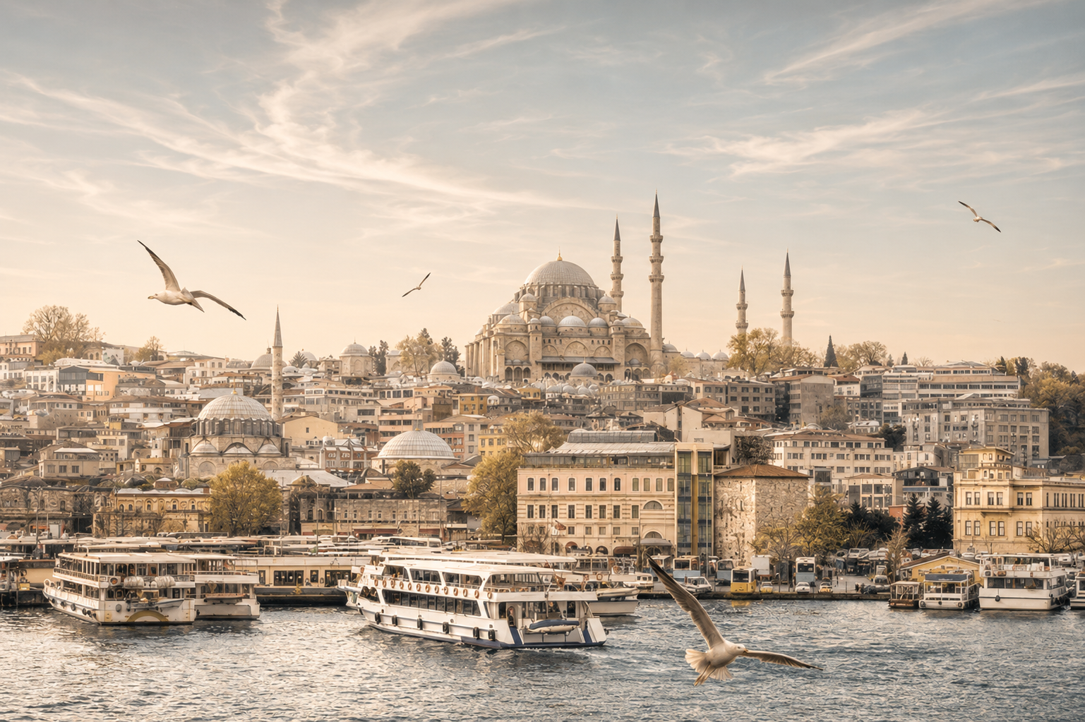 Istanbuler Skyline mit Süleymaniye-Moschee, Fähren am Goldenen Horn und Möwen